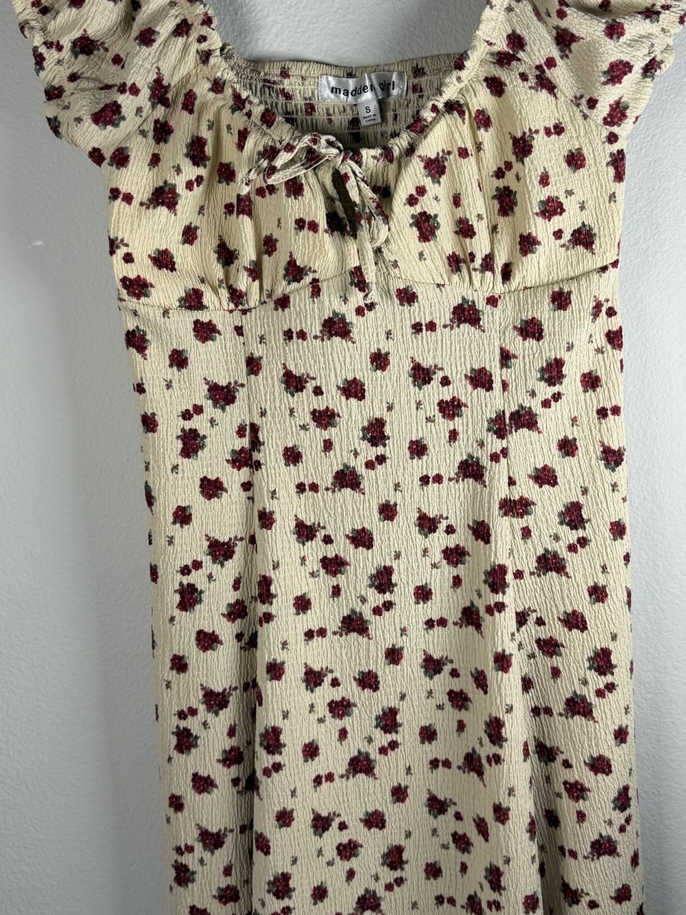 Madden Girl Cream Midi Dress with Burgundy Floral Print and Tie Neck